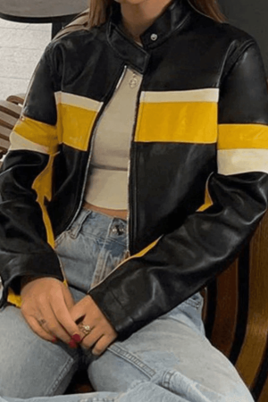 Style Core Aesthetics, New Style Trends - Color Block Cropped Pu Leather Moto Jacket