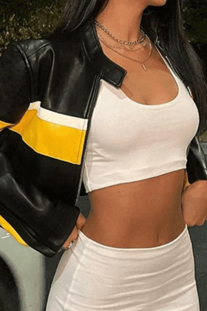 Style Core Aesthetics, New Style Trends - Color Block Cropped Pu Leather Moto Jacket