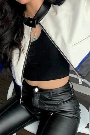 Style Core Aesthetics, New Style Trends - Color Block Pu Leather Cropped Moto Jacket