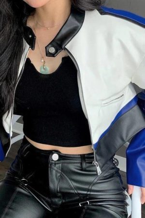 Style Core Aesthetics, New Style Trends - Color Block Pu Leather Cropped Moto Jacket