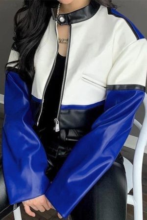 Style Core Aesthetics, New Style Trends - Color Block Pu Leather Cropped Moto Jacket