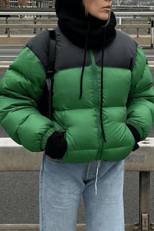 Style Core Aesthetics, New Style Trends - Color Block Zip Up Puffer Jacket