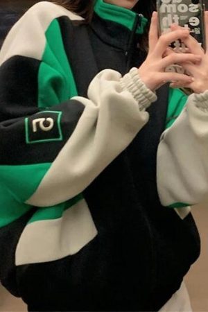 Style Core Aesthetics, New Style Trends - Color Block Zip Up Varsity Jacket