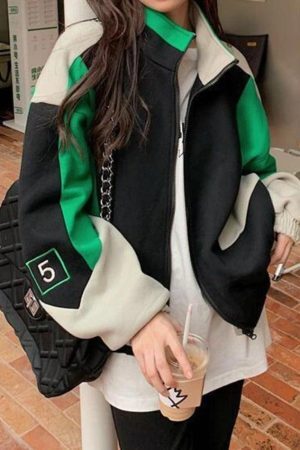 Style Core Aesthetics, New Style Trends - Color Block Zip Up Varsity Jacket