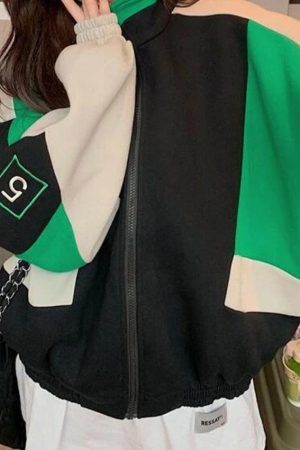 Style Core Aesthetics, New Style Trends - Color Block Zip Up Varsity Jacket