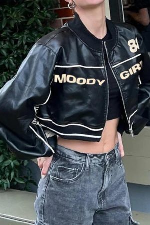 Style Core Aesthetics, New Style Trends - Contrast Color Print Splice Leather Short Jacket