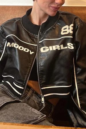 Style Core Aesthetics, New Style Trends - Contrast Color Print Splice Leather Short Jacket