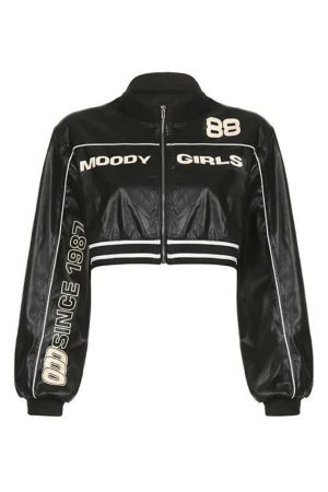 Style Core Aesthetics, New Style Trends - Contrast Color Print Splice Leather Short Jacket