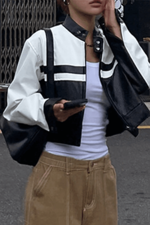 Style Core Aesthetics, New Style Trends - Contrast Pu Leather Cropped Moto Jacket