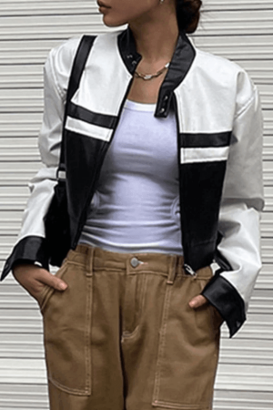 Style Core Aesthetics, New Style Trends - Contrast Pu Leather Cropped Moto Jacket