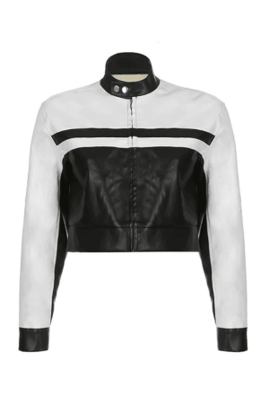 Style Core Aesthetics, New Style Trends - Contrast Pu Leather Cropped Moto Jacket