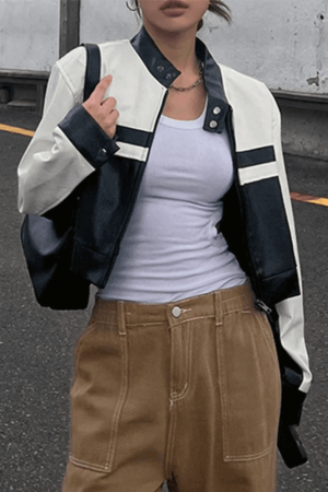 Style Core Aesthetics, New Style Trends - Contrast Pu Leather Cropped Moto Jacket