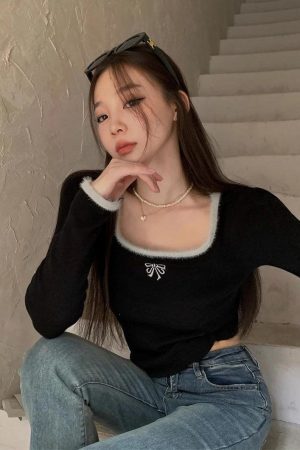 Style Core Aesthetics, New Style Trends - Coquette Bow Fluffy Neck Top