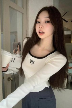 Style Core Aesthetics, New Style Trends - Coquette Bow Fluffy Neck Top