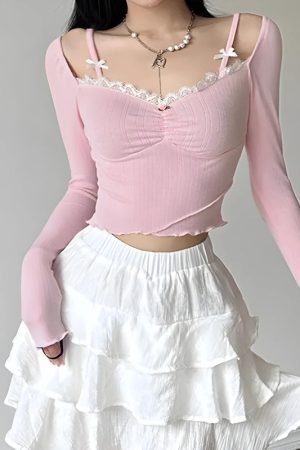 Style Core Aesthetics, New Style Trends - Coquette Bow Straps Ruched Top