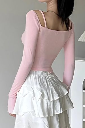 Style Core Aesthetics, New Style Trends - Coquette Bow Straps Ruched Top