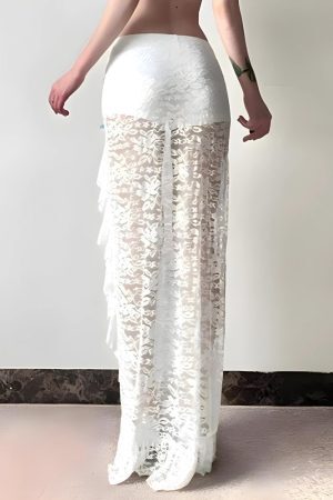 Style Core Aesthetics, New Style Trends - Coquette Lace Ruffled Slit Maxi Skirt