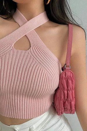 Style Core Aesthetics, New Style Trends - Corduroy Halter Neck Knitted Crop Top