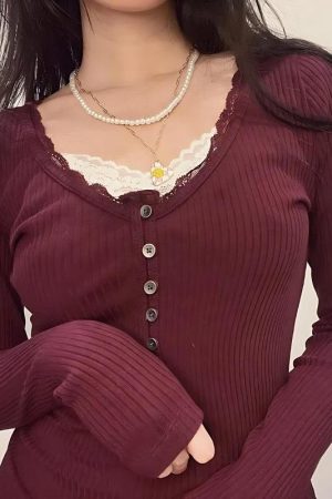 Style Core Aesthetics, New Style Trends - Corduroy Lace Trim Top