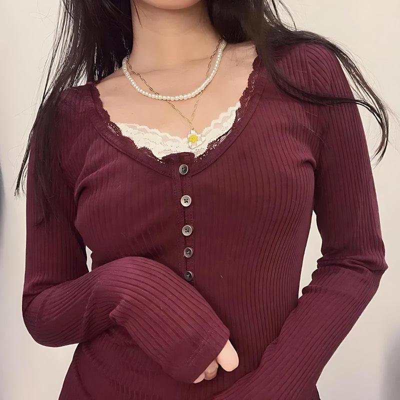 Style Core Aesthetics, New Style Trends - Corduroy Lace Trim Top