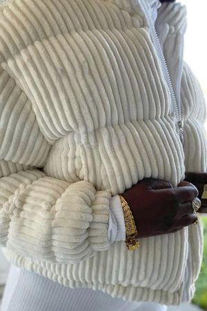 Style Core Aesthetics, New Style Trends - Corduroy Ribbed High Neck Zip Up Jacket