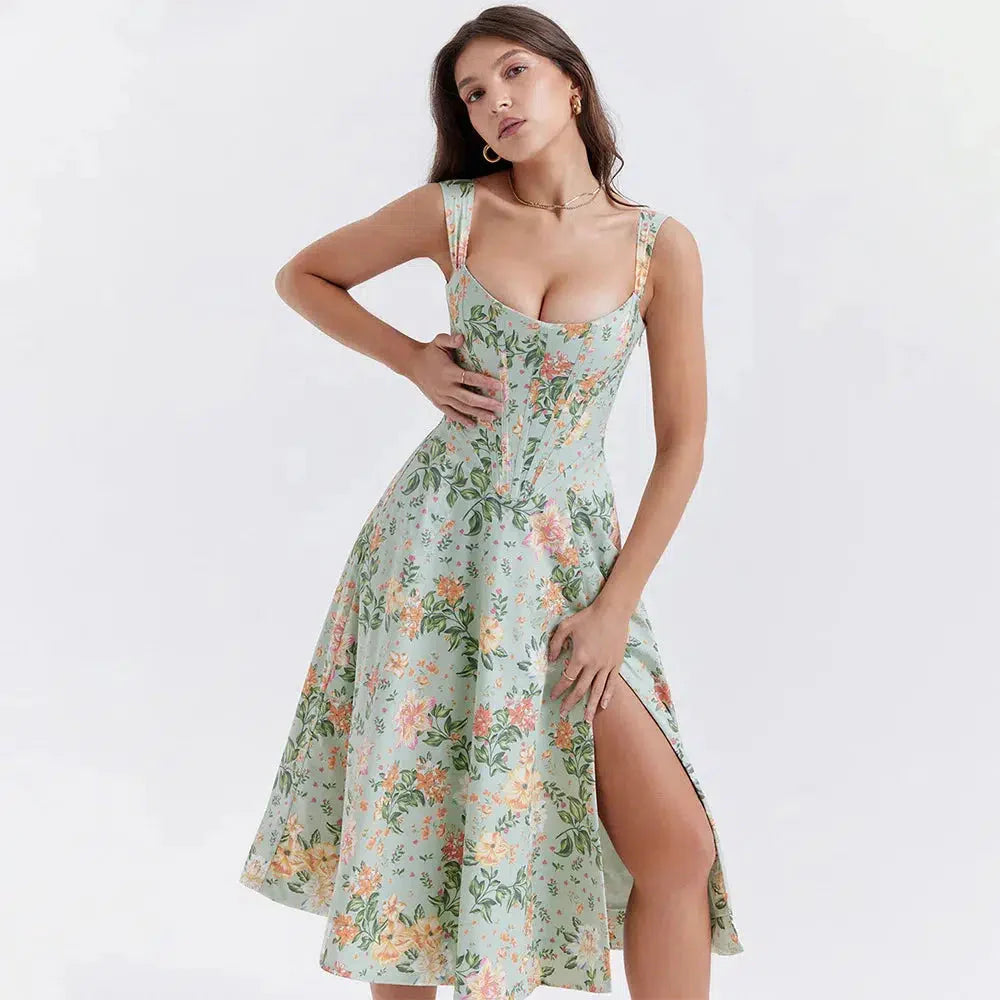 Style Core Aesthetics, New Style Trends - Cottagecore Floral Corset Midi Dress