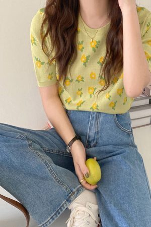 Style Core Aesthetics, New Style Trends - Cottagecore Floral Knit T-Shirt