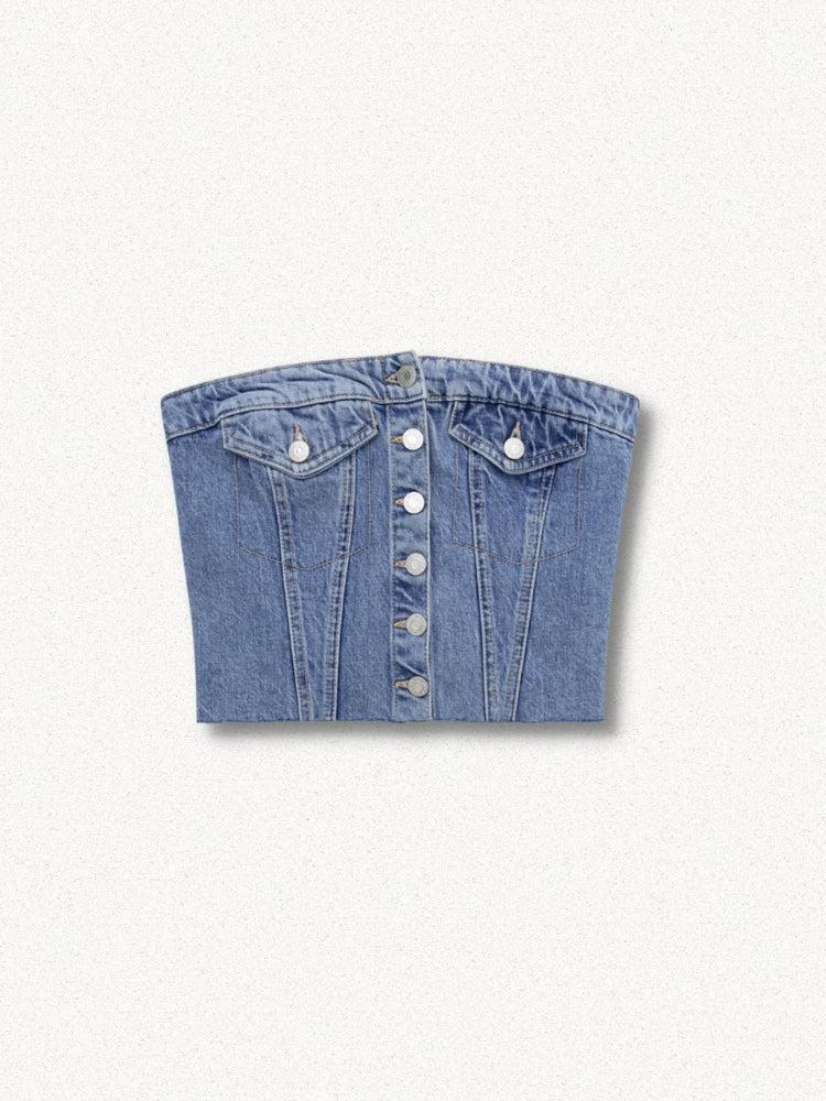 Style Core Aesthetics, New Style Trends - Cowgirl Button Up Denim Tube Top Style Core Aesthetics, New Style Trends - Cowgirl Button Up Denim Tube Top