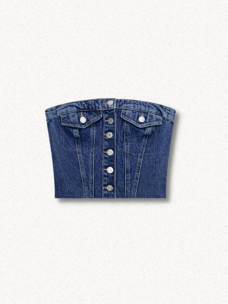 Style Core Aesthetics, New Style Trends - Cowgirl Button Up Denim Tube Top Style Core Aesthetics, New Style Trends - Cowgirl Button Up Denim Tube Top