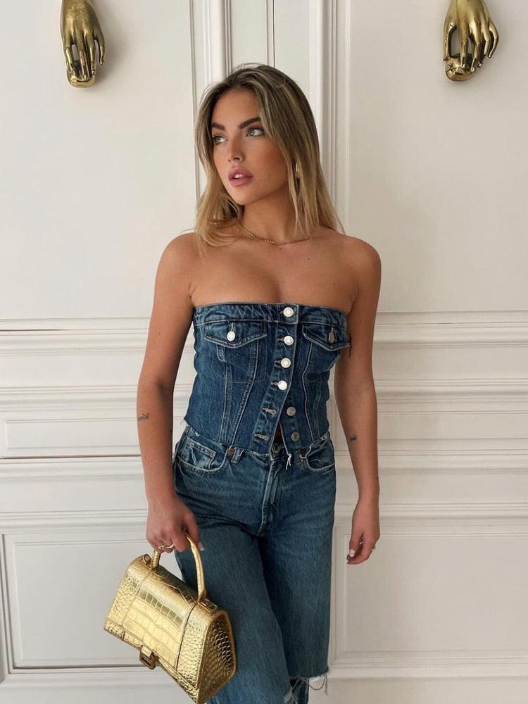 Style Core Aesthetics, New Style Trends - Cowgirl Button Up Denim Tube Top Style Core Aesthetics, New Style Trends - Cowgirl Button Up Denim Tube Top