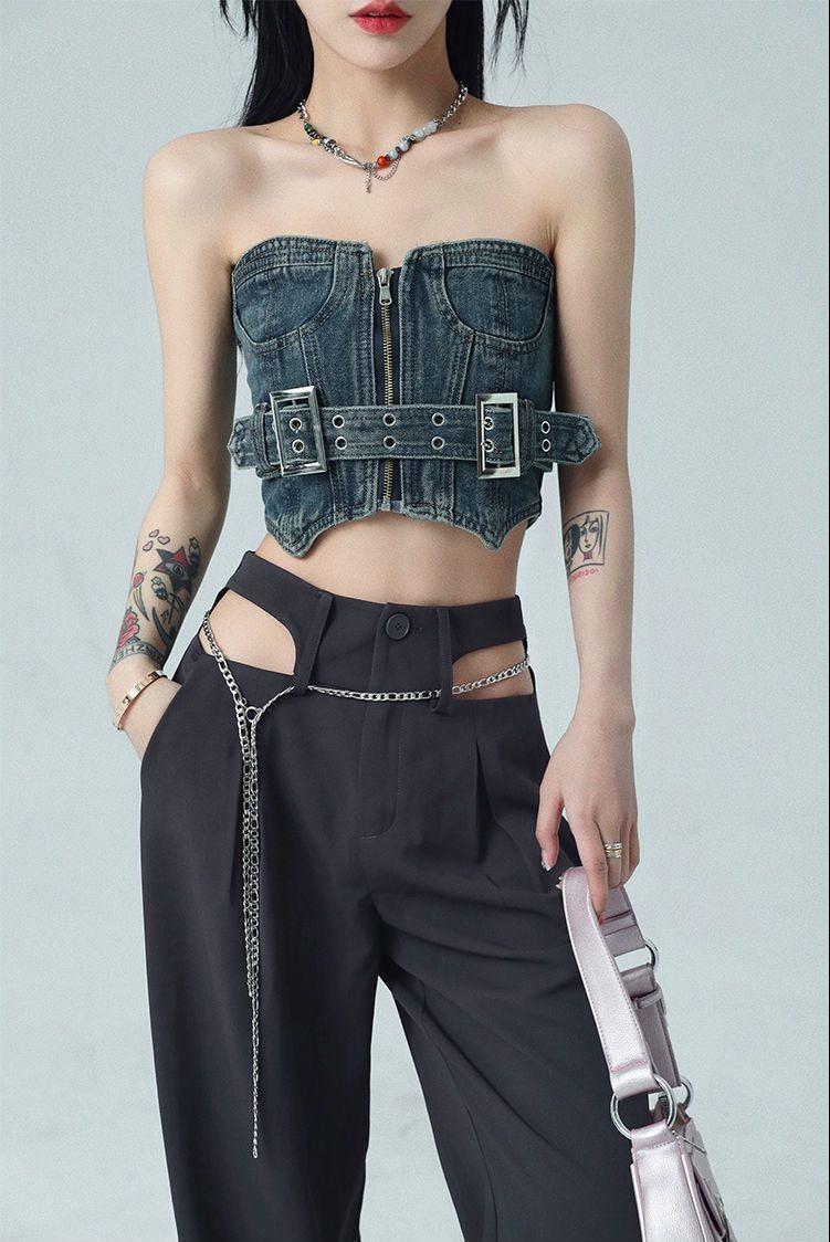 Style Core Aesthetics, New Style Trends - Cowgirl Crop Denim Tube Top Style Core Aesthetics, New Style Trends - Cowgirl Crop Denim Tube Top