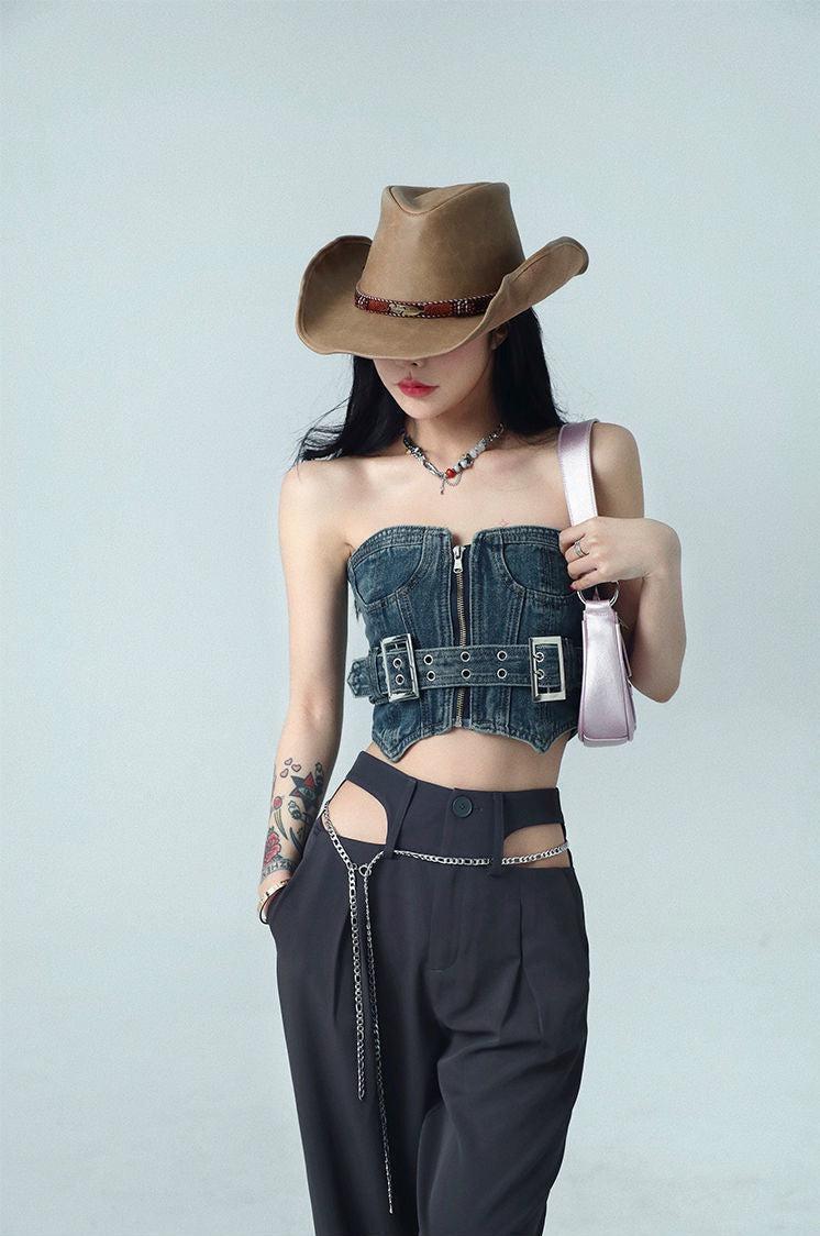 Style Core Aesthetics, New Style Trends - Cowgirl Crop Denim Tube Top