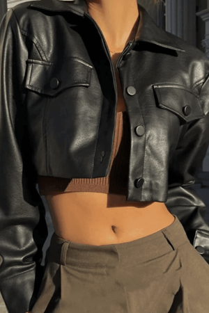 Style Core Aesthetics, New Style Trends - Cropped Black Faux Leather Biker Jacket