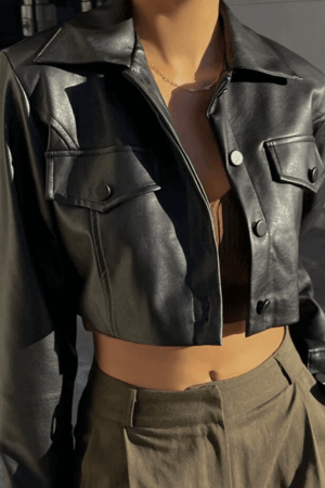 Style Core Aesthetics, New Style Trends - Cropped Black Faux Leather Biker Jacket
