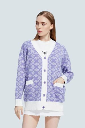 Style Core Aesthetics, New Style Trends - Cross Pattern Buttoned Purple Cardigan