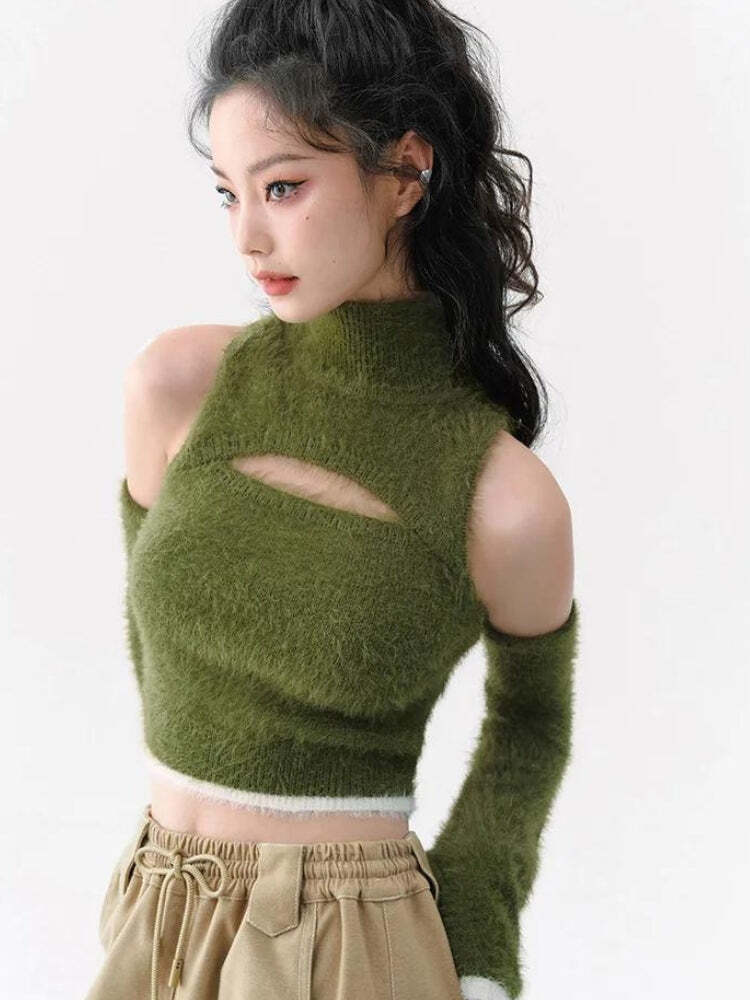 Style Core Aesthetics, New Style Trends - Cut Out Fluffy Crop Sweater Top Style Core Aesthetics, New Style Trends - Cut Out Fluffy Crop Sweater Top