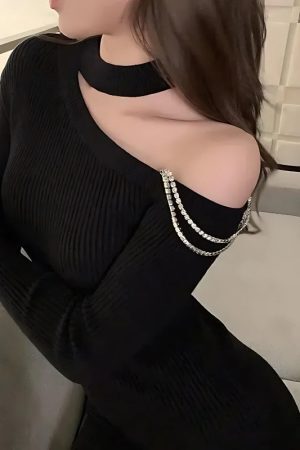 Style Core Aesthetics, New Style Trends - Cut Out Shoulder Rhinestone Mini Dress