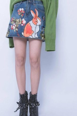 Style Core Aesthetics, New Style Trends - Cute Rabbit Denim Mini Skirt