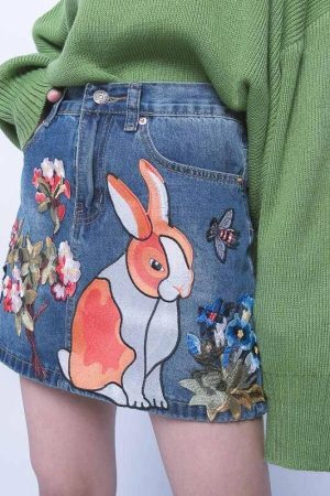 Style Core Aesthetics, New Style Trends - Cute Rabbit Denim Mini Skirt