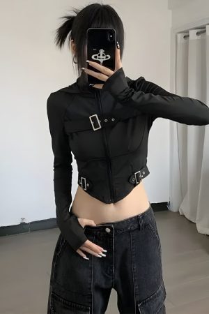 Style Core Aesthetics, New Style Trends - Cyberpunk Belted Zip-Up Crop Jacket