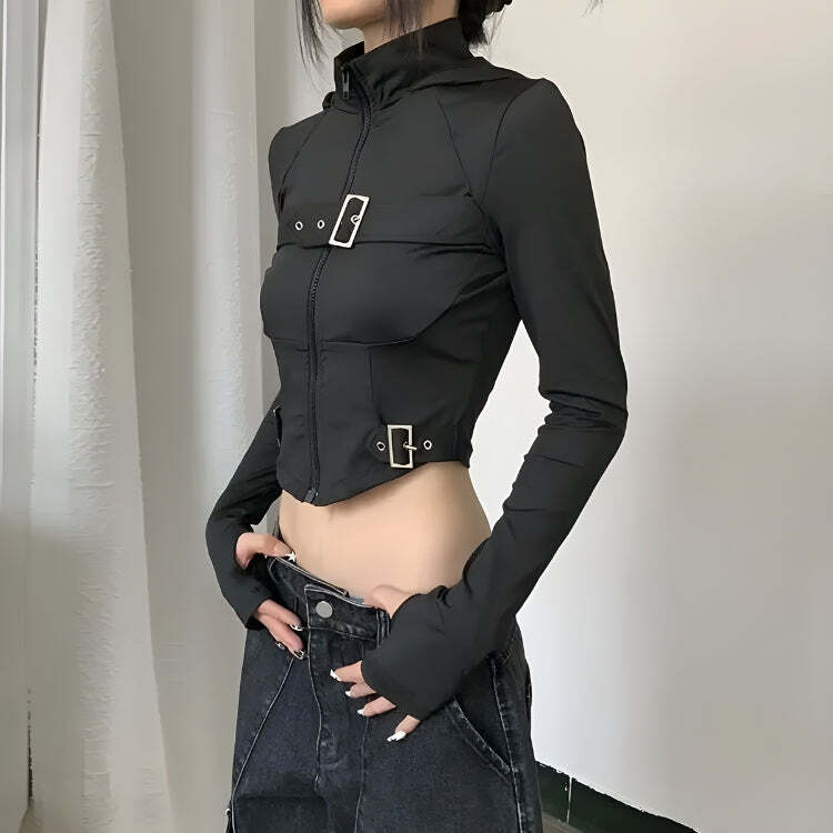 Style Core Aesthetics, New Style Trends - Cyberpunk Belted Zip-Up Crop Jacket