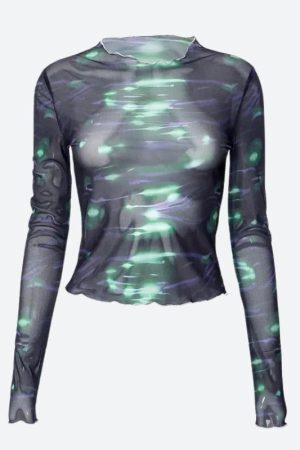 Style Core Aesthetics, New Style Trends - Cyberpunk Green Lights Mesh Top