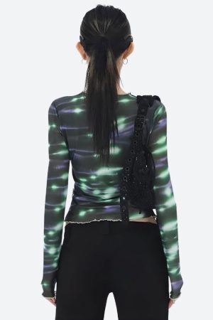 Style Core Aesthetics, New Style Trends - Cyberpunk Green Lights Mesh Top
