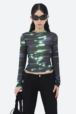 Style Core Aesthetics, New Style Trends - Cyberpunk Green Lights Mesh Top
