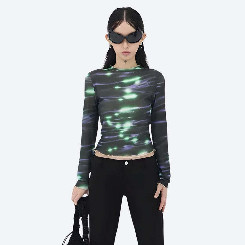 Style Core Aesthetics, New Style Trends - Cyberpunk Green Lights Mesh Top