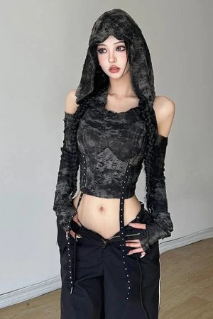 Style Core Aesthetics, New Style Trends - Cyberpunk Off Shoulder Hooded Top
