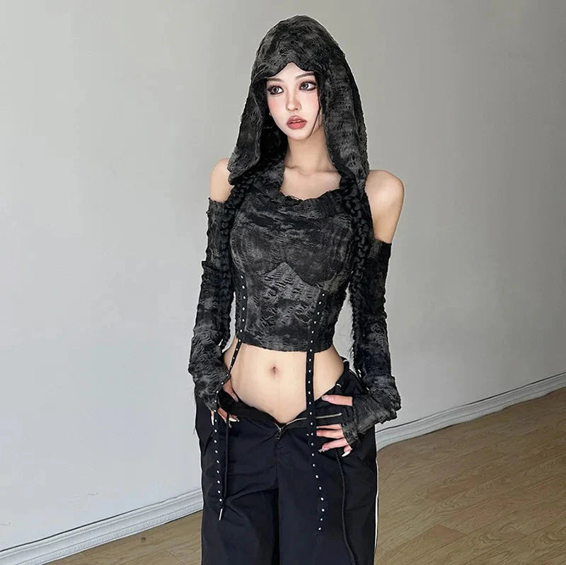 Style Core Aesthetics, New Style Trends - Cyberpunk Off Shoulder Hooded Top Style Core Aesthetics, New Style Trends - Cyberpunk Off Shoulder Hooded Top