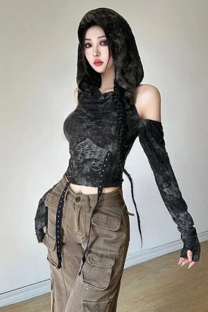 Style Core Aesthetics, New Style Trends - Cyberpunk Off Shoulder Hooded Top