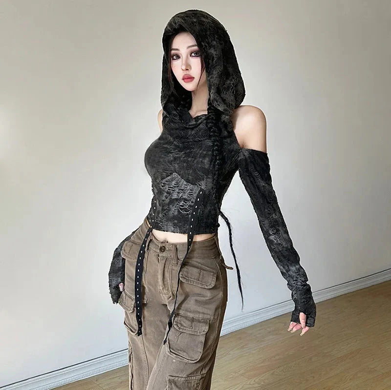 Style Core Aesthetics, New Style Trends - Cyberpunk Off Shoulder Hooded Top
