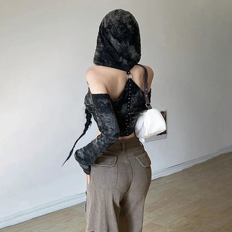 Style Core Aesthetics, New Style Trends - Cyberpunk Off Shoulder Hooded Top Style Core Aesthetics, New Style Trends - Cyberpunk Off Shoulder Hooded Top